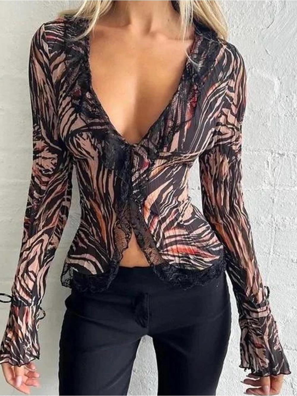 Tiger Mist Women's Zelda Top In Tiger Stripe Black Lace Size Small 90s Y2K Sexy